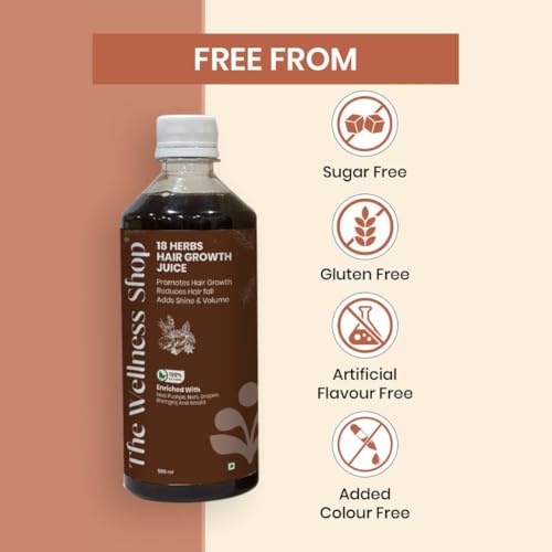 Image of The Wellness Shop 18 Herbs Hair Growth Juice 500ml | Ayurvedic Herbal Drink with Bhringraj Amla Noni Vitamin C | Helps Hair Fall Control, Supports Strong Roots | Natural Scalp Care Pack for Women Men