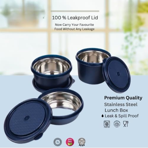 Image of PRESCO Stainless Steel Teso Container Set | Microwave Safe and Dishwasher Safe Food Storage Bowls with Airtight Lids | Leak-Resistant Lunch Bowls (Set of 3) (Blue)
