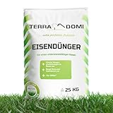 TerraDomi Eisendünger 25kg für ca. 1000m² | Turbo-Dünger abgestimmt auf Rasenflächen mit Moos | Granuliert, streuwagengeeignet und staubfrei