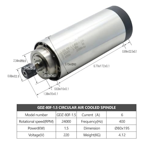 WAAZVXS GDZ-80F-1.5 Round Air Cooled Spindle 1.5KW 220V/380V 6A 24000RPM 400Hz Diameter 80mm for Engraving Machine CNC Part (Color : 1.5kw 80mm 380V)