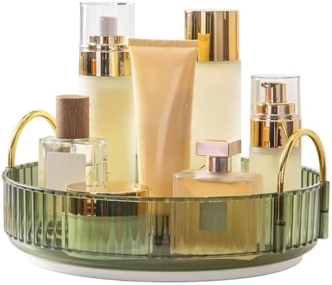 House of VIPA 360° Rotating Makeup & Cosmetic Organizer | Green Transparent Vanity Tray with Golden Handles | Smooth Rotation | Perfume, Skincare & Bathroom Counter Storage (Gem Green, 1 Layer)