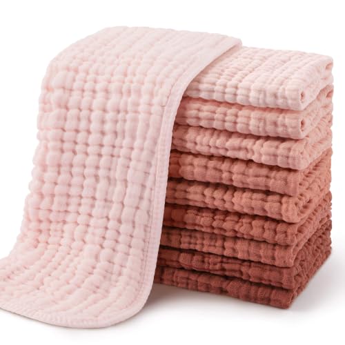 Image of Yoofoss Muslin Burp Cloths for Baby 10 Pack 100% Cotton Baby Washcloths for Boys Girls Large 20''X10'' Super Soft and Absorbent Gradient Pink
