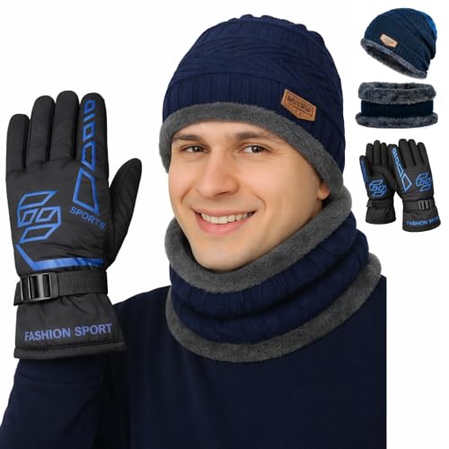 Image of K D Winter Wear 3-in-1 Cap Muffler Gloves Set for Adults | Woolen Beanie Cap, Mafler Scarf & Hand Gloves | Thermal, Fleece-Lined, Unisex Winter Accessories (Gloves /Cap-Mafler - Blue)