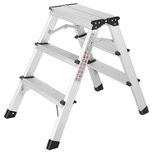FIXKIT Escaleras Plegables Aluminio de 3 Peldaños, Escalera Plegable del Hogar, Escalera Plegable Portátil Aluminio, Carga Máxima 150 kg