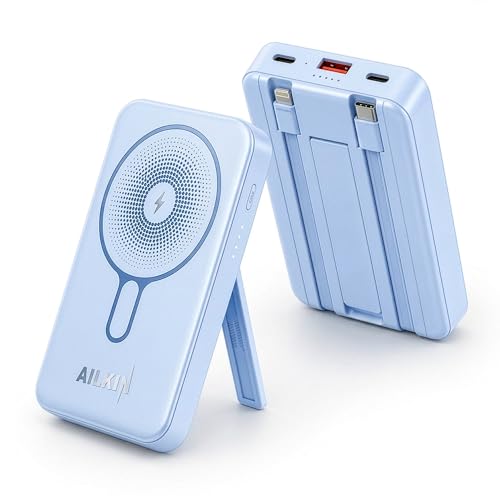 Image of AILKIN 10000mAh Power Bank with MagSafe Wireless Charging | Built-in Lightning & Type-C Cables | 22.5W Fast Charging | Kickstand | Slim Portable Charger for iPhone 15 /14 /13 /12 & Android
