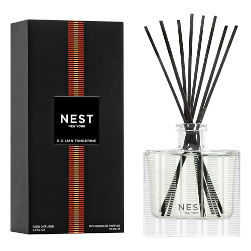 NEST New York Reed Diffuser, Sicilian Tangerine - 5.9 fl oz - Fragrance for Up to 90 Days - Reusable, Refillable Glass Holder - Includes 8 All-Natural Reed Sticks - Flame Free