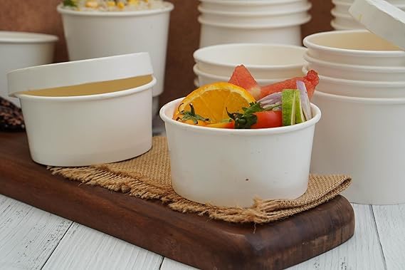 Image of [150 ml, 15 Count, White Disposable Bagasse Paper Container with Lid | Eco-Friendly Bowl /Tub for Picnic, Travel, Food Truck | Ideal for Both Hot & Cold Food