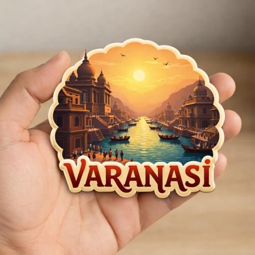 Image of Naxon Varanasi Kashi Vishwanath City Theme Souvenir Wooden Fridge Magnet | Spiritual City Design 3x3 Inch Refrigerator Magnet for Kitchen & Home Decor | Travel Gift from Varanasi | Pack of 1