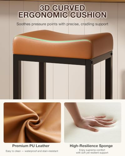 Image of Bar Stools Set of 2-24 Inch Counter Height Chairs for Kitchen Island, Leather Seat with 400 LBS Heavy-Duty Metal Frame and Adjustable Feet, Easy to Assemble for Bar, Cafe or Dining Room,Brown