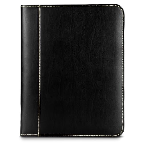 Image of Samsill Contrast Stitch Leather Zippered Portfolio Folder /Business Portfolio for Men and Women, Resume /Document Organizer with Writing Pad, Black (71720)