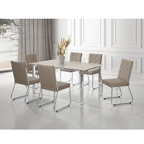 Conjunto Sala de Jantar Mesa Ortenia Tampo Vidro com 6 Cadeiras Dinah New Cromado/bege