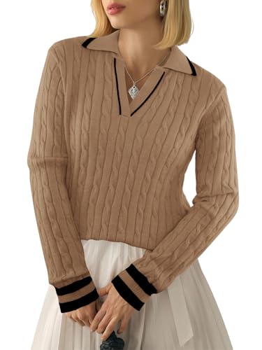 Arolina Womens Cable Knit Sweaters Long Sleeve V Neck Pullover Tops Casual Lightweight Polo Sweater Fashion Fall Outfits