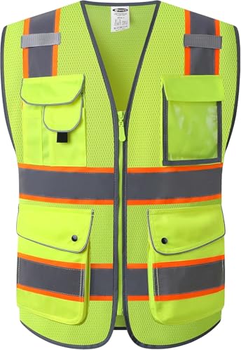 Image of JKSafety 9 Pockets Hi-Vis Neon Yellow Zipper Front MESH Safety Vest with Fluorescent Orange Extend Edge outlining the Reflective Tapes Meet ANSI /ISEA Class 2 Standard (100 Yellow, S)