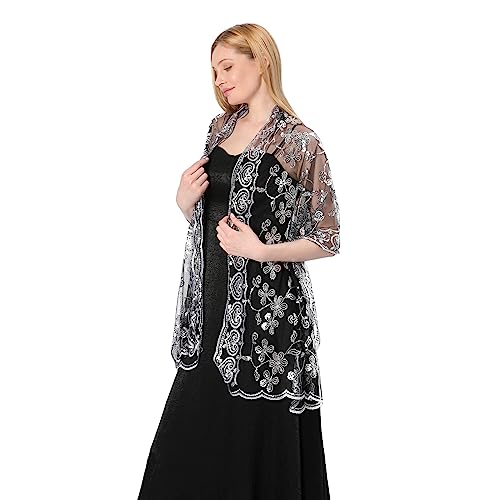 Sparkly Shawls and Wraps for Evening Dresses, Women's 1920s Sequin Floral Sheer Mesh Deco Wedding Party3