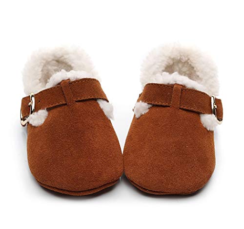 HONGTEYA Winter Baby Shoes Cozy Fur Fleece Toddler Shoes for Girls Boys Unisex Warm Suede Leather Crib Shoes with Buckle (0-3 Months M US Infant, Brown)