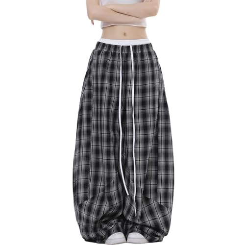 Women's Plaid Loose Wide Leg Pants Drawstring Elastic Waist Casual Baggy Trousers Trendy Y2K Streetwear with Pockets3