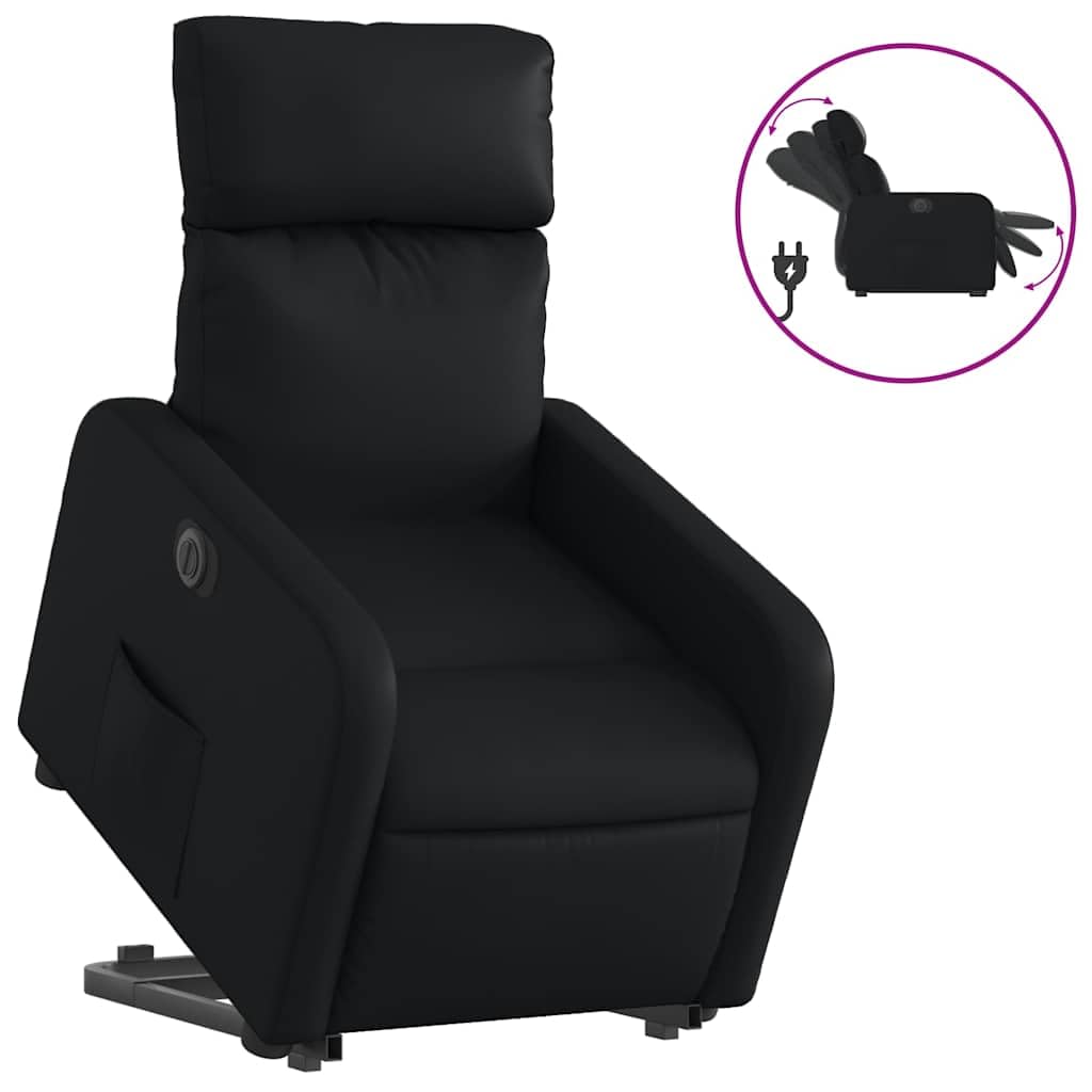 Sillón elevador reclinable eléctrico de piel sintética negra con función de elevación e inclinación automática a 135 grados, estructura estable de madera y metal, bolsillo