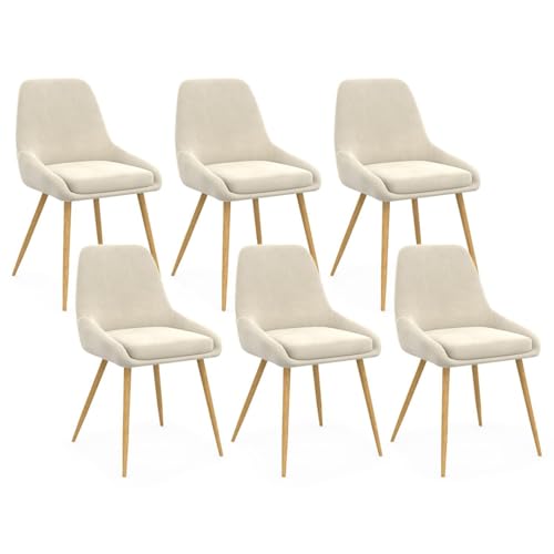 IDMarket - Lot de 6 chaises de salle à manger THALYA en velours beige et pieds aspect bois avec accoudoirs