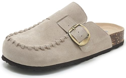 SMajong Mules et Sabots Homme Femme Confortables Cuir Liège Chaussons Classique Pantoufles avec Boucle Chaussures de Jardin d'Intérieur Extérieur Beige 44 EU