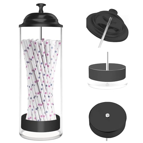 Straw Holder for Counter, Straw Dispenser Organizer for Standard Size Drinking Straws, Acrylic Plastic Straws Container Dispenser Storage for Counter with Lid Black
