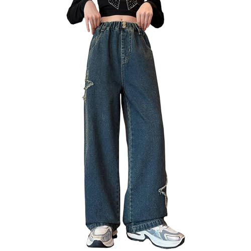 Viatabuna Girls Wide Leg Star Jeans Elastic Waist Cute Embroidery Baggy Pull On Jeans for Kids with Pockets 5-14 Years