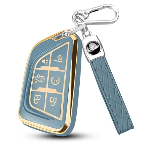 Image of QBUC for Cadillac Key Fob Cover with Leather Keychain (Gold Trim Blue) | Soft TPU Protection Case Compatible with 2020-2026 Cadillac Escalade Lyriq Optiq 6-Buttons