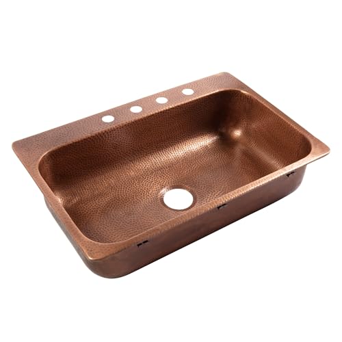 Sinkology SK101-33AC-4 Angelico 4-Hole Drop-in 33-in Single Bowl Copper Kitchen Sink