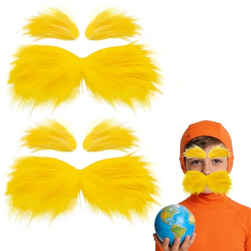 2 Sets Yellow Self Adhesive Mustache and Eyebrows Faux Facial Hair Halloween Set Fake Funny Beard Cosplay Costume Accessories for Earth Day Birthday Christmas Party Favor Adult Kids Light Yellow
