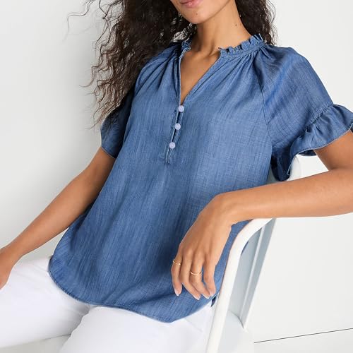 Womens Short Sleeve Ruffle Blouse V Neckline Ruffled Collar Shirt Casual Blue Top2