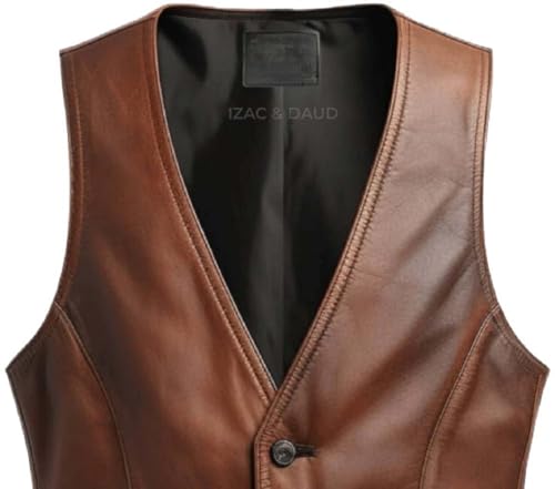 IZAC & DAUD Men's Brown Leather Motorcycle Vest - Sleeveless, V-Neck, Cowhide Biker Riding sleeveless Motorcycle Leather Vest4