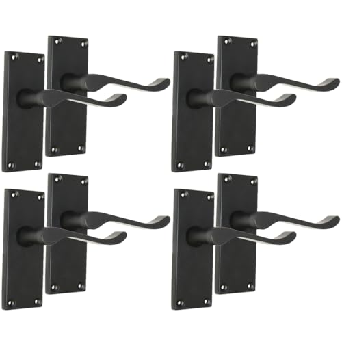 Epsom Door Handle Matt Black Scroll Door Handle Set - Victorian Style Internal and External Lever Door Handles with Backplate (4 Pair of Handles)