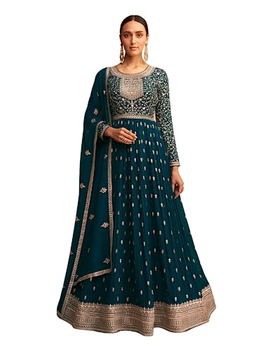 Heni Fashion Ready To Wear Indian/Pakistani Style Party Wear Embroidered Anarkali Suit Anarkali Gown For Women's (XXL, Sea Blue)