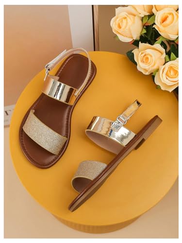 GORGLITTER Girl's Sandals Metallic Sparkly Flat Sandals Dressy Ankle Strap Cute Summer Vacation Beach Sandals 20252