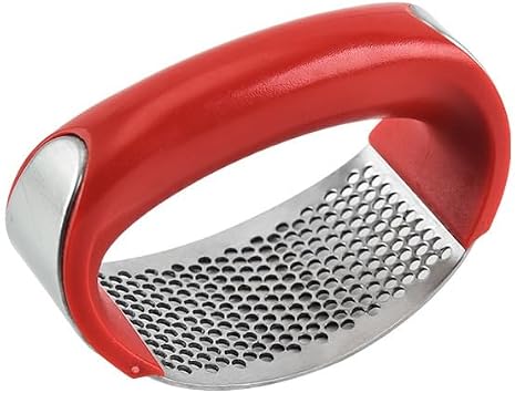 Curved Stainless Steel Garlic Press, Manual Kitchen Masher Tool with Ergonomic Handle, Red and Yellow Colors Available, for Crushing Vegetables and Fruits Random Colour