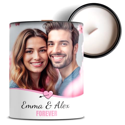 Bougie parfumée personnalisée avec photo et texte – 50 heures d'autonomie – cadeau saint valentin – cadeau d'anniversaire pour femme – cire de soja naturelle – (Framboise vanille/YlangYlang)