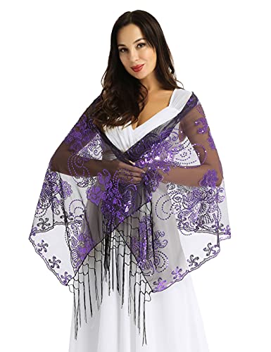XUNZOO Women's Sheer Mesh Glitter Sparkling Sequin Pashmina Shawls Fringe Scarf Wraps for Evening Dress2