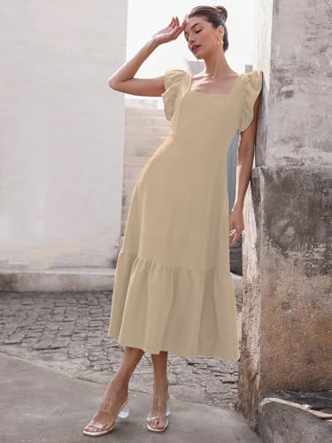 Image of Sugathari Girl's & Women's Solid Color Square Neck, Ruffle-Trimmed Hem Sleeveless, Ruffle Armhole and Casual Dress with Cinched Waist Vacation Outfits Woman (Dress 176)