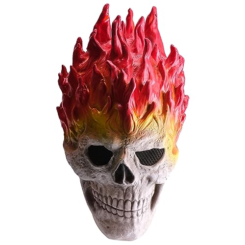 Wellinology Flame Skull Halloween Mask - Realistic Latex Full Head Skeleton Mask with Flame Hair