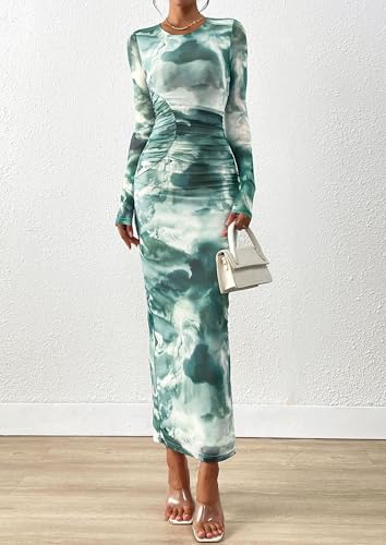 PRETTYGARDEN Fall Wedding Guest Dresses for Women 2025 Long Sleeve Ruched Sexy Bodycon Floral Mesh Cocktail Party Maxi Dress