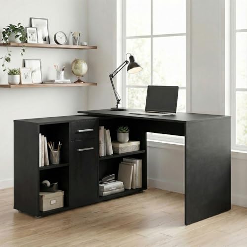 IDIMEX Bureau d'angle Carmen Table avec Meuble de Rangement intégré avec 4 étagères 1 Porte et 1 tiroir, décor béton foncé