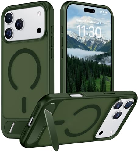Image of Designed for iPhone 17 Pro Max Case, [Built-in Invisible Kickstand][Compatible with MagSafe][Military Grade Shockproof] Slim Translucent Matte Phone Case 6.9 inch (Green)