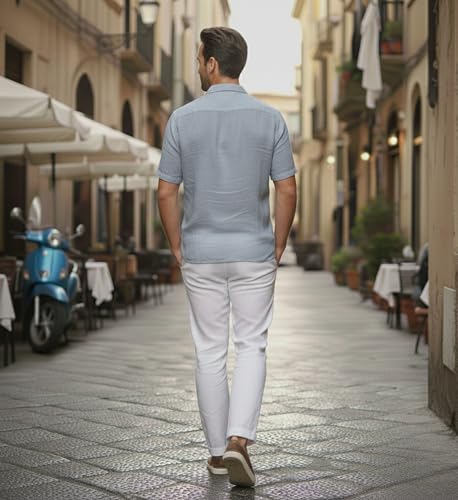 Image of Glowic Men Linen Shirt Casual Regular Fit Solid Stylish Summer Wear Shirt for Office Party Beach Holiday Lightweight Breathable Fashion Shirt