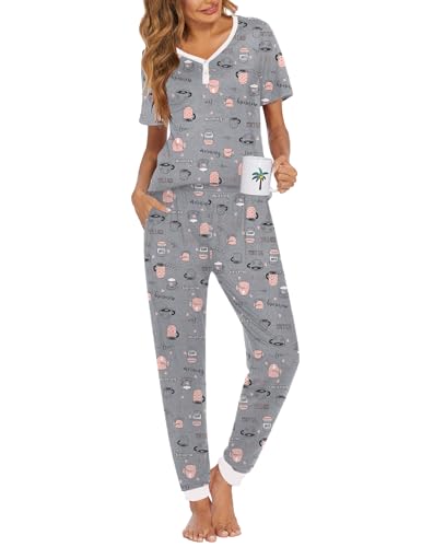 Image of Ekouaer Pajamas for Women Set 2 Piece Fall Lounge Sets Short Sleeve Pjs Joggers Long Pants Sleepwear with Pockets