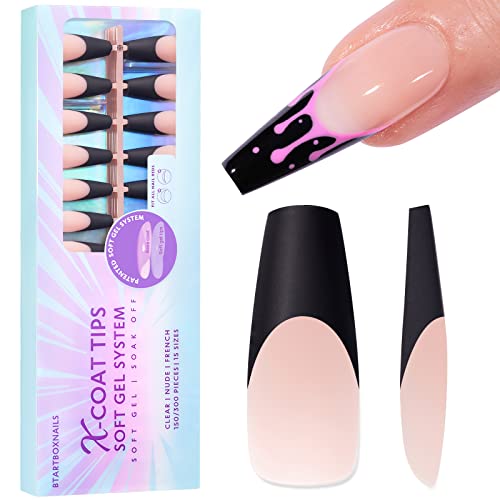 Btartboxnails Black French Tip Gel Nails, 300Pcs Nude Extra Long Coffin Soft Gel Nail Tips, Unltra Fit Black French Tip Press On Nails 15Sizes, French X-Coat Tips With Pre-Applied Base Coat Cover, Soak Off French Tips For Nail Extensions #TOP17