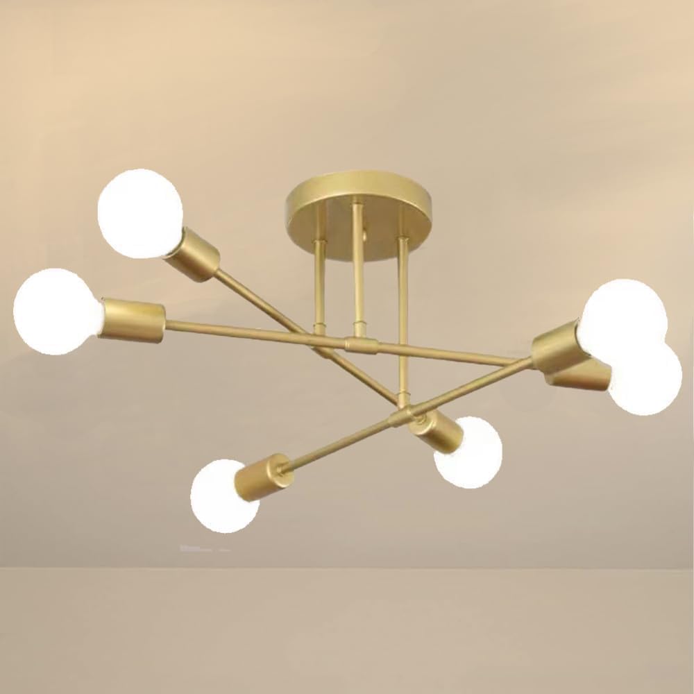 JUDU Modern Sputnik Ceiling Light,Chandelier 6-Light E27 Mid Century Metal Pendant Light Flush Mount Lights Fixture for Living Room Dining Room