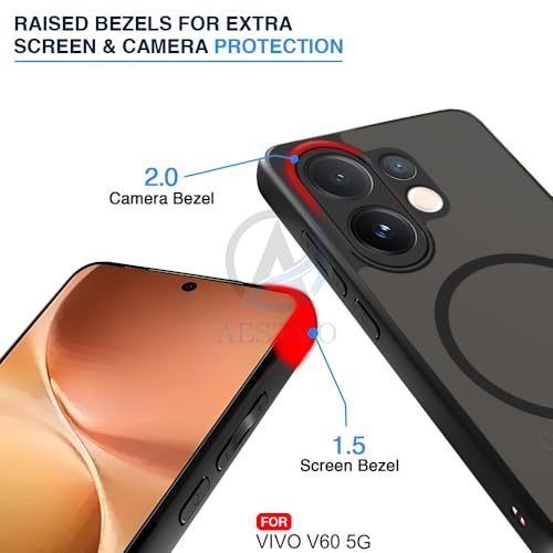 Image of AESTMO Vivo V60 5G / T4 Pro 5G Back Cover | 360 Protection | Matte Frosted Hard Back Translucent | Compatible with MagSafe Accessories (MagSafe Matte Hard Black Bumber)