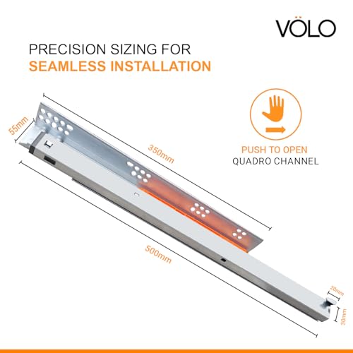 Image of Volo Heavy Duty Drawer Slides, Full Extension Ball Bearing Runners | Pack of 2 Piece | Channels for Kitchen Cabinets, Wardrobes, and Dressers (Undermount (Push to Open), 20 Inch)
