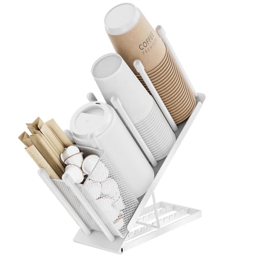 Portavasos y portavasos ajustable – Organizador portavasos café con dispensador para desechable de 4 compartimentos cesta porta pajitas monodosis para estación de café bar de metal, blanco
