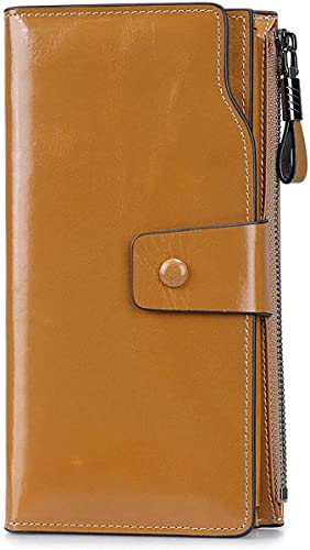 Portefeuille femme RFID cuir à l'huile cirée marron clair long de luxe