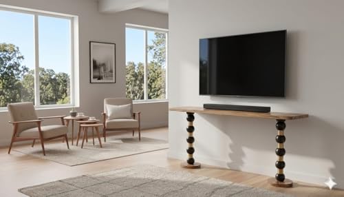 Image of Sheesham Wood TV Unit for Living Room | Entertainment Console Table | Modern Oval Top with Turned Spindle Legs | Wooden Media Stand for Smart TV, Set Top Box & Decor Display| Light Walnut